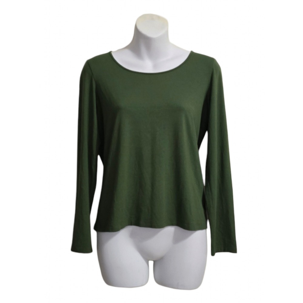 Eileen Fisher Scoop Neck Long Sleeve Jersey Top In Olive Sz PS